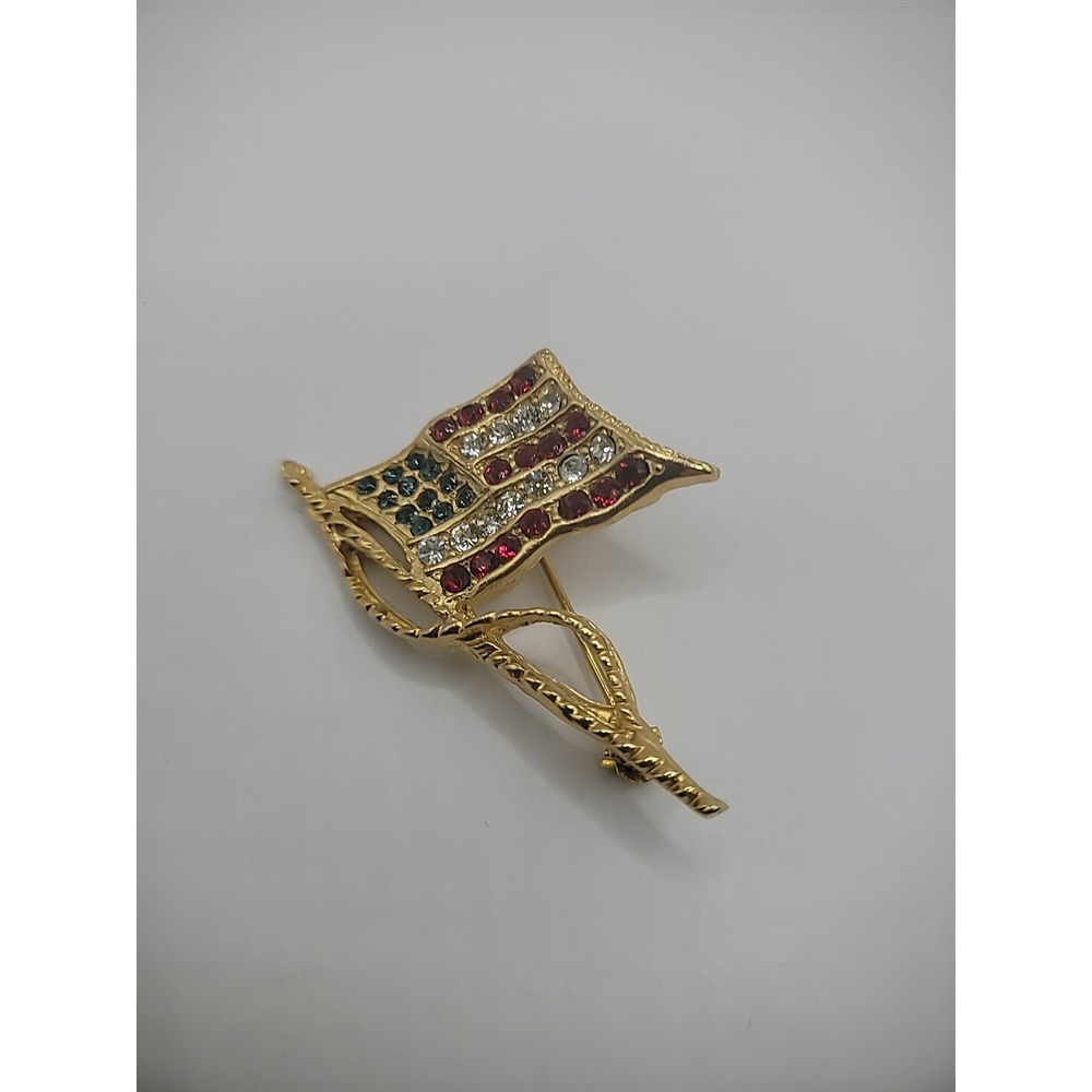 Vintage Gold Tone Flag Pin Brooch Crystal Patriotic Voter President Jewelry